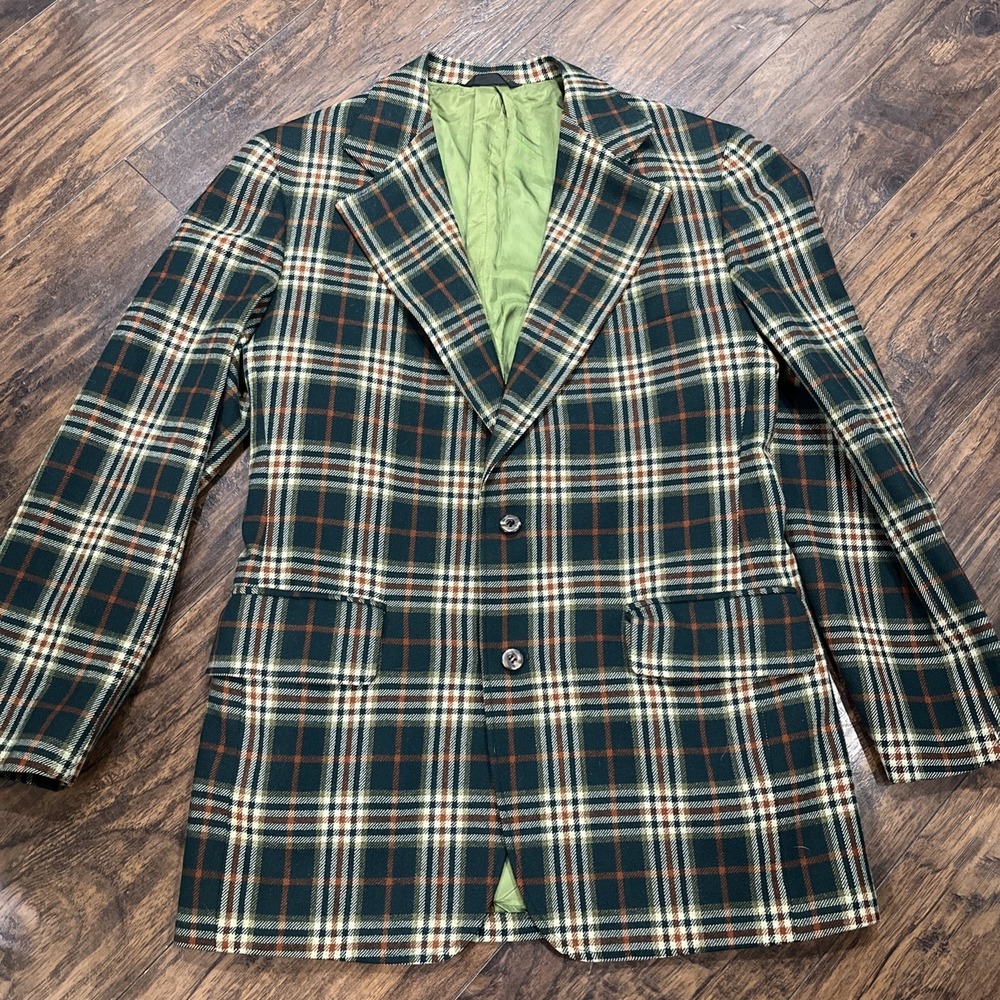 Vintage Cricketeer Blazer Sport Coat Mens 40R Green Orange Plaid Jacket 70s